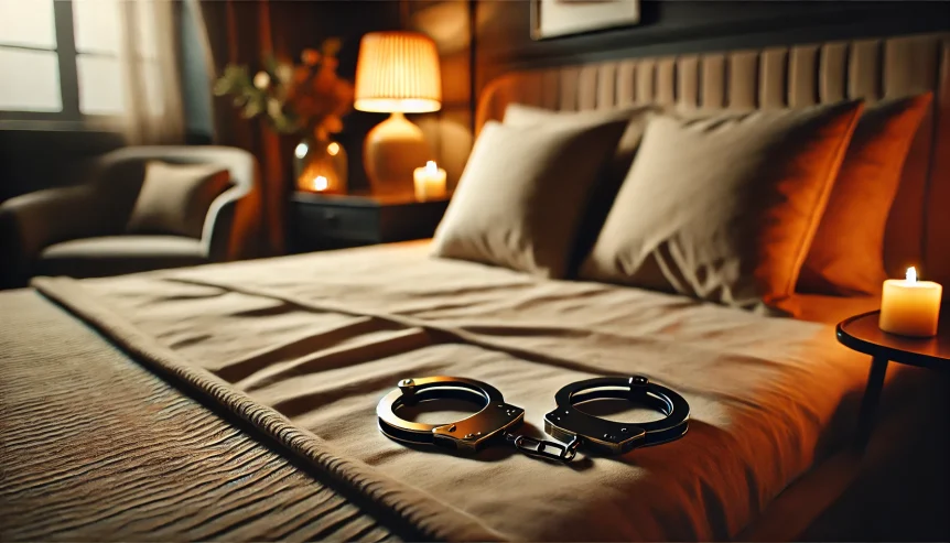 A-serene-and-intimate-bedroom-setting-with-dim-lighting-featuring-a-neatly-made-bed-with-soft-beige-sheets-and-a-pair-of-comfortable-wrist-cuffs