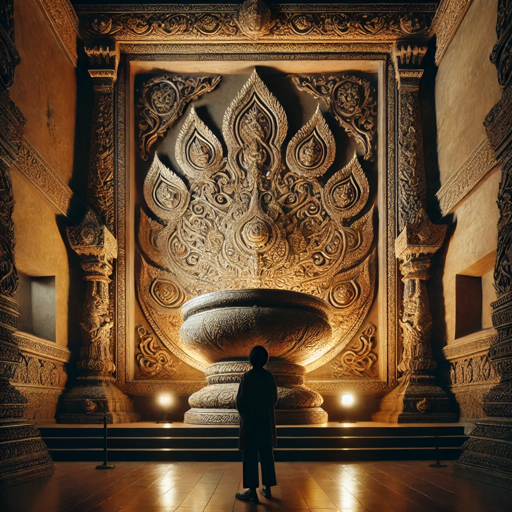 A-person-standing-in-an-ancient-temple-gazing-reverently-at-a-large-ornate-religious-artifact-adorned-with-intricate-designs