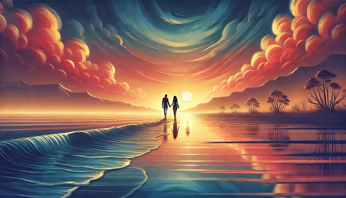 A-thematic-landscape-image-symbolizing-intimacy-and-trust-in-a-relationship.-The-scene-includes-a-serene-beautiful-sunset-over-a-calm-ocean