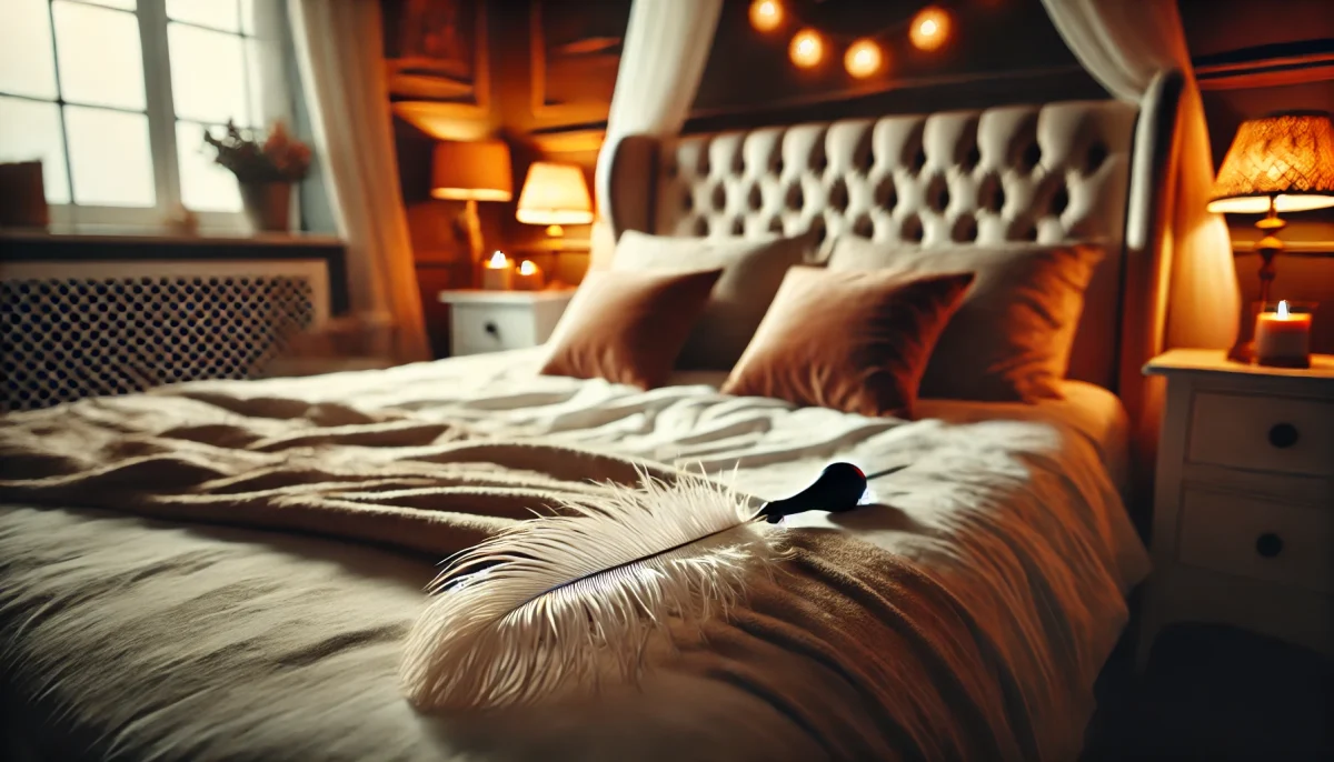 A-sensual-and-intimate-scene-showing-a-feather-tickler-placed-on-a-neatly-made-bed.-The-setting-is-a-cozy-comfortable-room-with-warm-lighting-and-soft decor